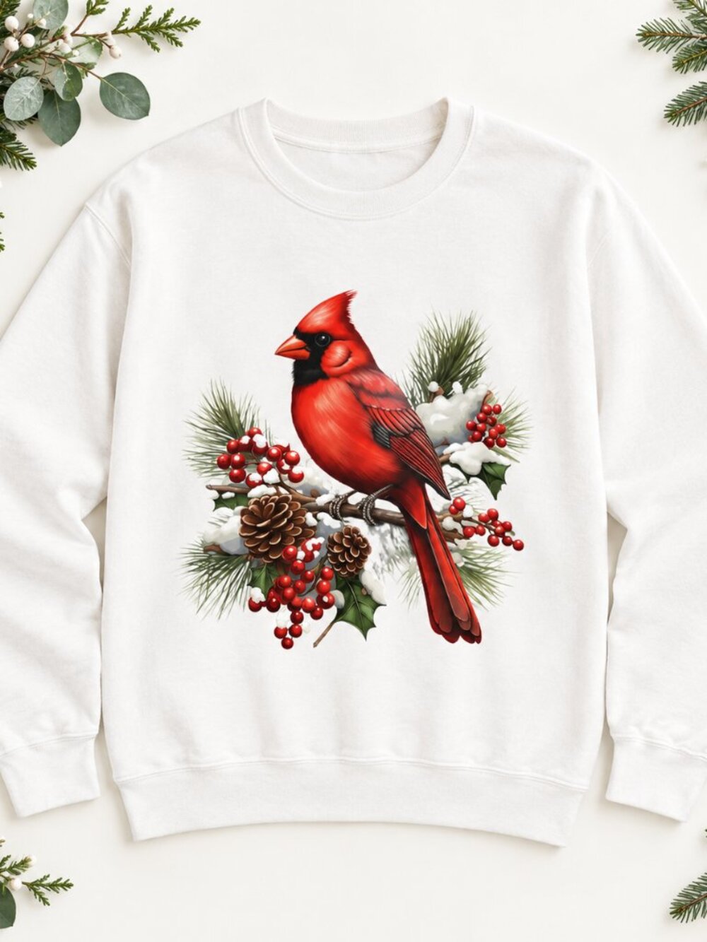 Christmas Cardinal Sweatshirt White Red Bird Holly Berries Winter Holiday Jumper